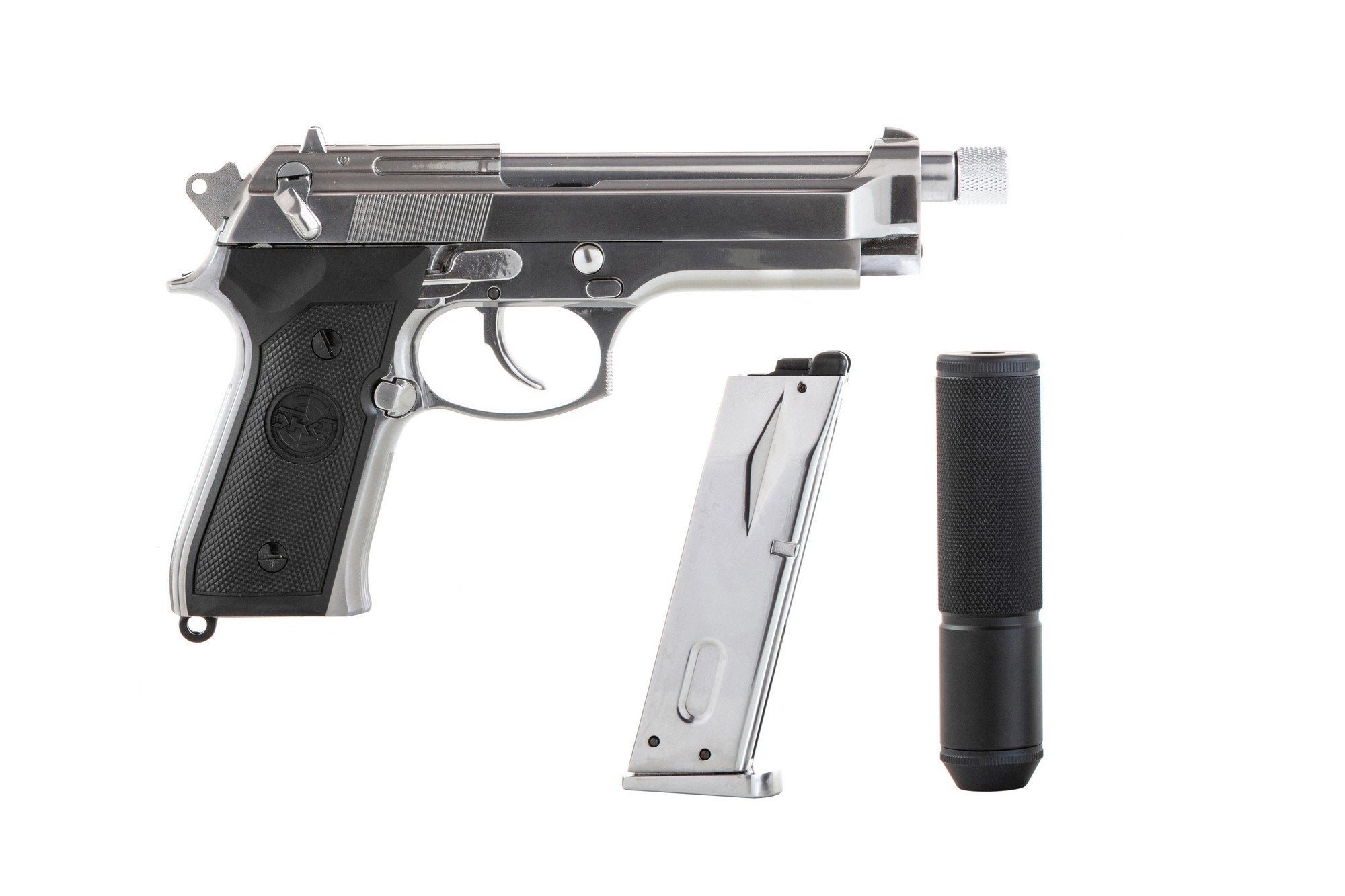 SR92 Gas Blowback Silver Pistol with Silencer GB-0709-SP
